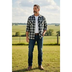 Vintage Ace of Diamond Men's 3XL Blue White Pearl Snap Plaid Aztec LS Shirt